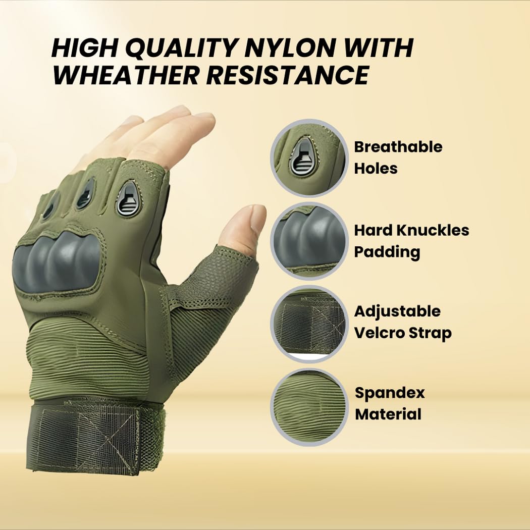 Half Finger Hard Knuckle Motorcycle Army Shooting Tactical Outdoor Breathable Gym & Fitness Riding Gloves (Army Green)