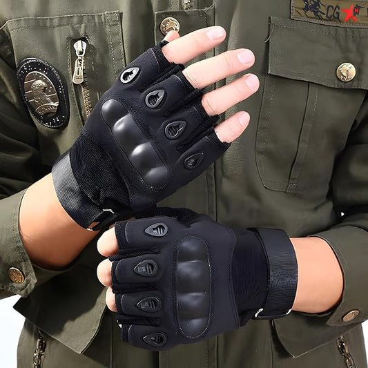 Half Finger Hard Knuckle Motorcycle Army Shooting Tactical Outdoor Breathable Gym & Fitness Riding Gloves (BLACK)