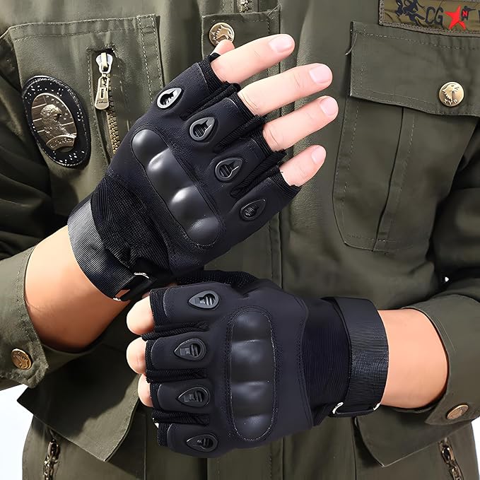 Half Finger Hard Knuckle Motorcycle Army Shooting Tactical Outdoor Breathable Gym & Fitness Riding Gloves (BLACK)